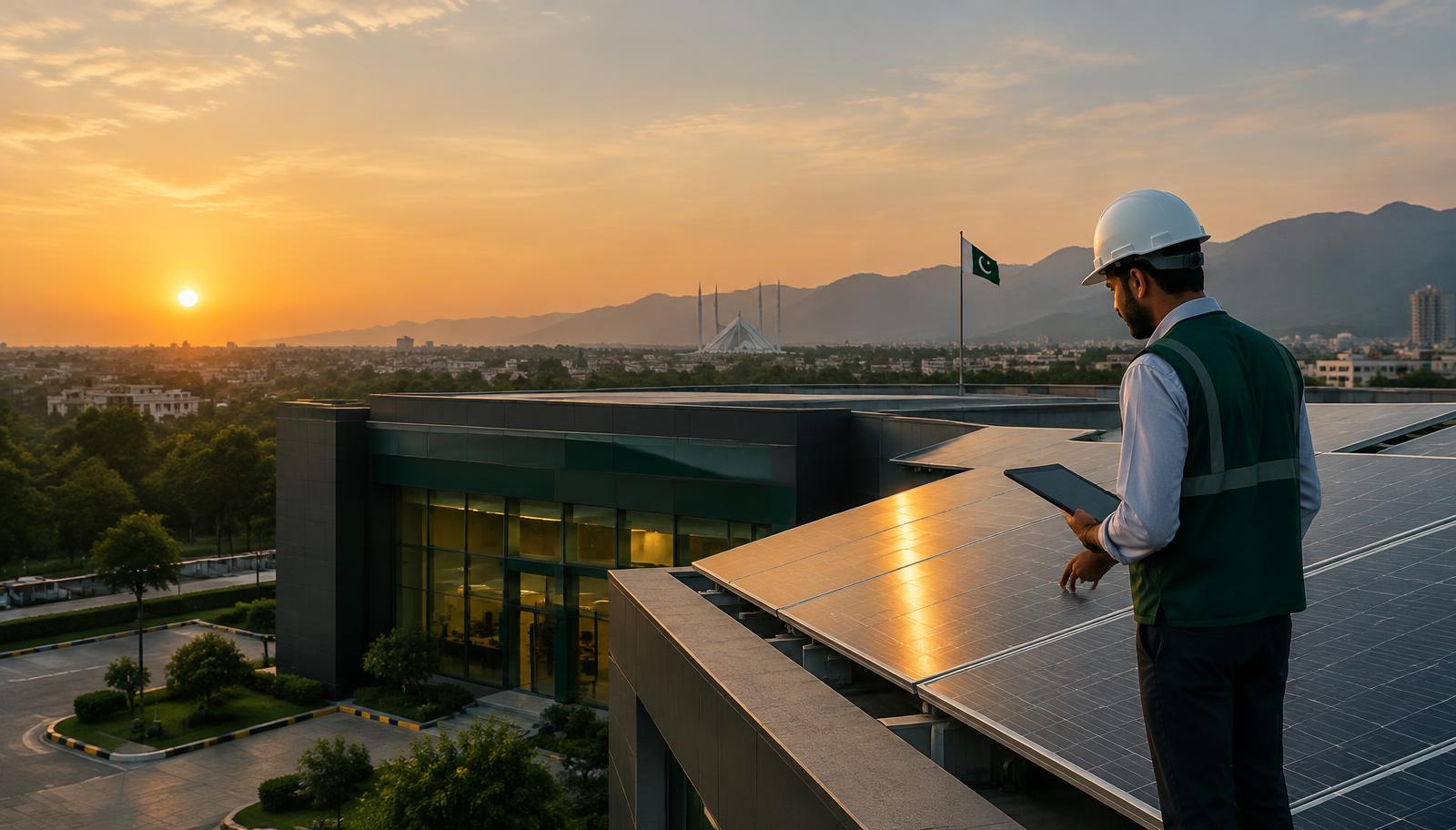 Solar engineer inspecting rooftop panels on a branch building at dusk